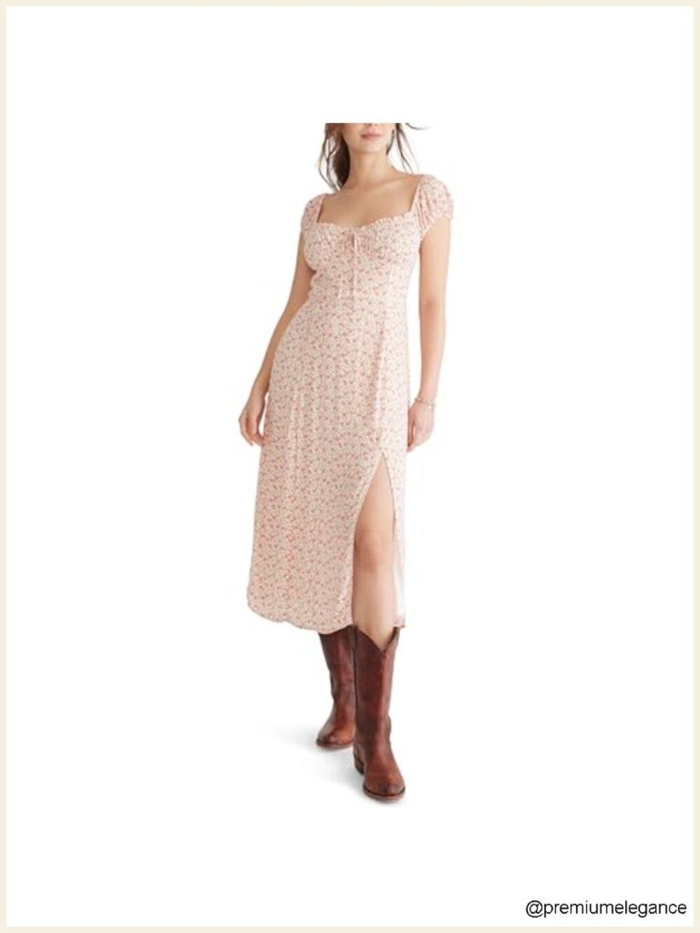 Floral Scoop-Neck Tie-Front Midi Dress with Puff Sleeves